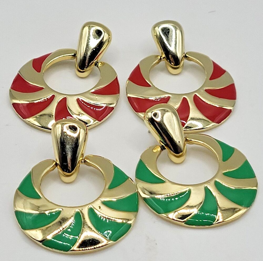 VTG 80s Gold Tone Enamel Christmas Holiday  Earrings Set Red Green Pinwheel Retr